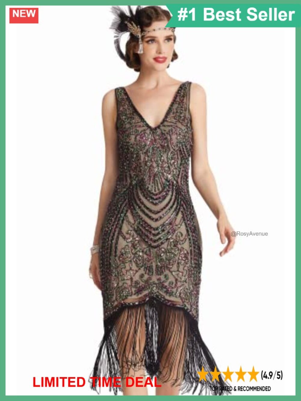 1920s V Neck Beaded Fringed Flapper Dress Sleeveless Backless